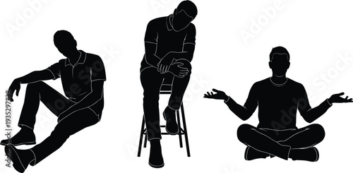  Silhouette illustration of diverse people sitting in varied postures, casual lifestyle vector artwork, human posture concept, design reference, meditation and relaxation theme