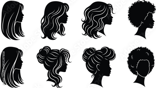 Set of eight black and white woman profile silhouettes featuring diverse hairstyles like long wavy hair curly afro and elegant buns