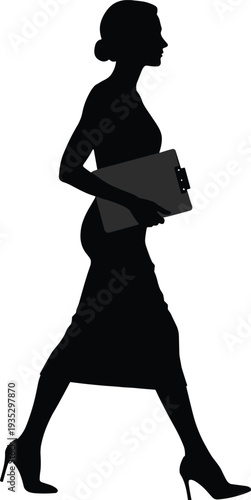 Business woman silhouette walking with clipboard, professional female secretary icon, corporate lady boss vector, office assistant pose, manager side view.