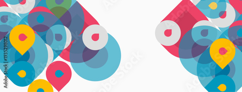 Abstract colorful circles, shapes overlap. Minimalist design with location pins. White space dominates center area. Modern graphic element.