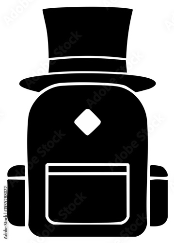 Stylish backpack with a classic top hat icon representing sophisticated travel and whimsical adventure