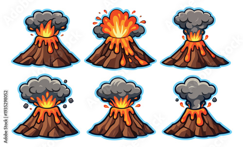 Cartoon volcano set featuring different stages of eruption with smoke and flowing lava for educational designs