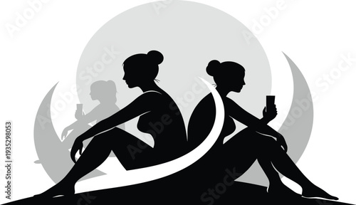  Stylized silhouette illustration of women sitting back‑to‑back with smartphones, digital connectivity concept, modern lifestyle vector artwork, social interaction design reference, technology theme