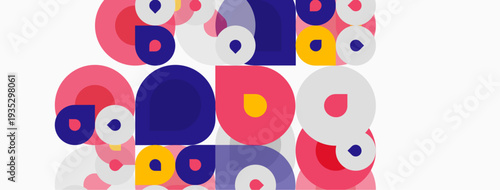 Abstract pattern features overlapping circles, squares. Pink, purple, yellow hues dominate white background. Modern design element.