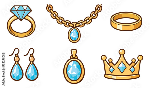 Cute cartoon jewelry set featuring gold rings, a necklace, earrings, and a crown for luxury and royalty themes
