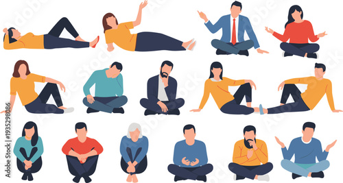  Illustration of diverse people sitting in casual relaxed postures, cross‑legged and reclining poses, lifestyle reference, social interaction theme