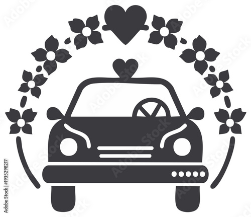 Wedding Car with Flowers and Heart Graphic Silhouette Illustration