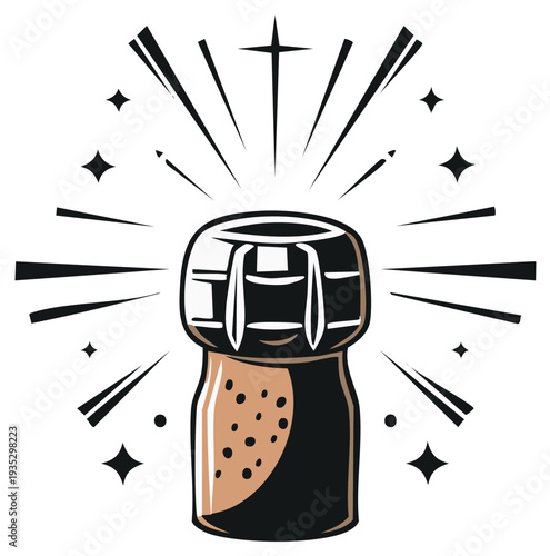 Champagne cork graphic illustration, celebratory design with sparkles and bursts.