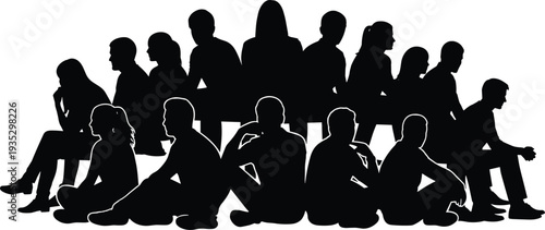 Silhouette illustration of diverse group of people sitting together in two rows, community gathering concept, teamwork, social interaction, unity, collaboration, lifestyle vector art