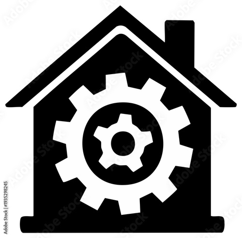 House with gear silhouette for machine learning solutions, automation service and home industry applications