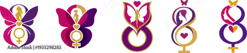 Set of Feminine Empowerment Logo Designs with International Women's Day Celebration Featuring Butterflies, Hearts