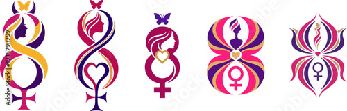 Set of Feminine Empowerment Logo Designs with Female Symbols and Butterfly Elements for International Women's Day 