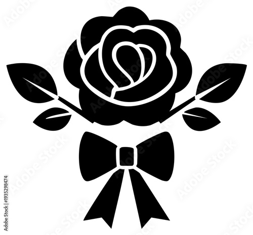 Elegant Silhouette of a Rose with Leaves and a Decorative Bow