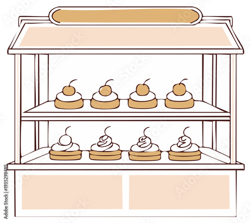 Hand-drawn pastry display with cakes and cherries in a simple shop counter stand