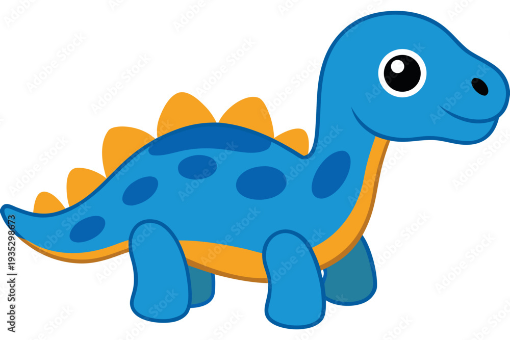 Naklejka premium Colorful cartoon dinosaur with blue spots and orange spines in a playful pose for children's design