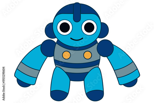 Cute blue cartoon robot character with big eyes and smile in simplistic style on white background