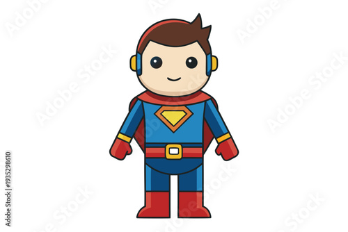 Cute cartoon superhero in blue red costume with cape and headphones standing on white background