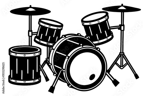 Black and white drum set illustration featuring bass drum, snare, toms, and cymbals on stands for music and percussion enthusiasts