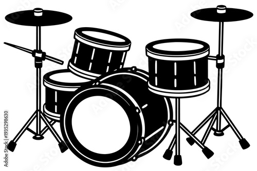 Monochrome drum set illustration featuring snare, bass, and cymbals with stands in a black-and-white design