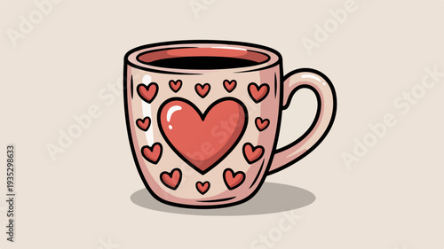 Cute ceramic coffee mug with large central heart and smaller hearts pink background love gift concept valentine's day symbol