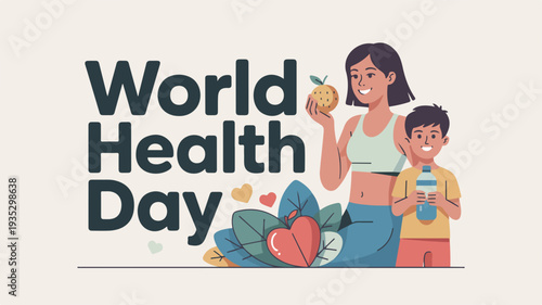 World health day illustration of a woman and child with healthy food and heart
