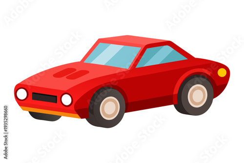 Bright red cartoon car with rounded wheels and simplistic design on white background for children's illustrations and fun automotive themes