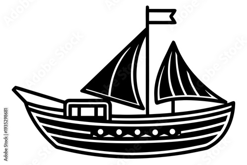 Black and white nautical schematic of two-sail boat with flag and horizontal line details