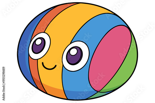 Colorful cartoon ball with smiling face and big eyes in bright multicolored stripes on a white background