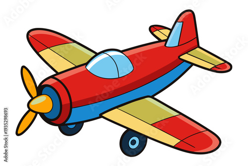 Colorful cartoon airplane with red and yellow wings and blue accents in simple illustration style for kids and aviation enthusiasts