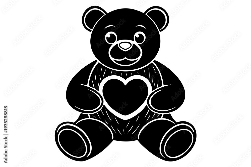 Obraz premium Adorable black teddy bear with heart-shaped center on white background: cute plush toy illustration for kids and teddy bear lovers