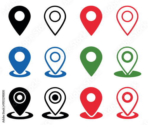 Geometric flat and line art location pin icons set featuring various styles in red, blue, green, and black for mapping, navigation, and destination identification