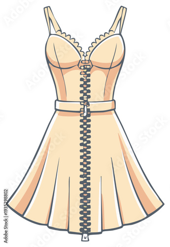Elegant illustration of a beige summer dress with a zipper and fitted silhouette