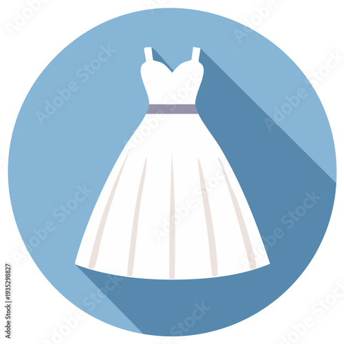 Elegant white dress with sash displayed on a blue background for a special event celebration