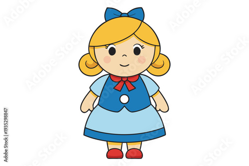 Cute cartoon girl in blue dress with bow and red shoes smiling cheerfully with blonde hair and sweet facial expression on white background