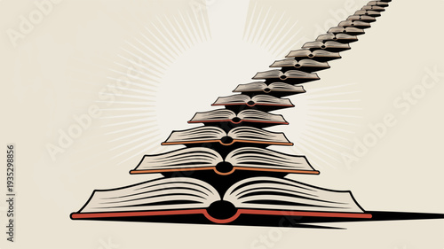 Stack of open books forming staircase with red edges and white pages on beige background symbolizing learning and knowledge growth