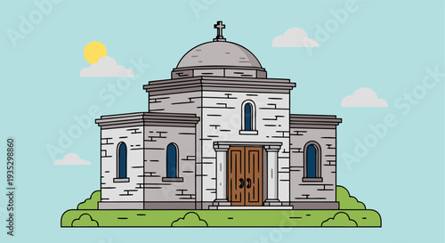 Charming stone chapel with dome roof in serene green landscape under sunny blue sky with clouds and wooden doors