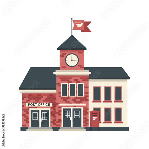 Charming vintage post office with clock tower, brick walls, pigeon flag, and red mailbox on white background