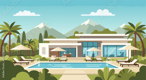 Modern luxury villa with pool, mountain backdrop, palm trees, and lounge chairs under blue sky and white clouds