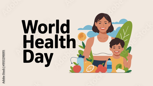 World health day illustration with woman and child surrounded by healthy food and leafy greens on beige background