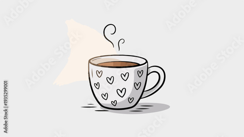 A steaming cup of coffee with heart pattern on a clean background symbolizing love and warmth in a minimalist line art style