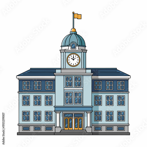 Traditional blue courthouse with clock tower and flag on top, detailed architectural drawing with classic symmetrical design.