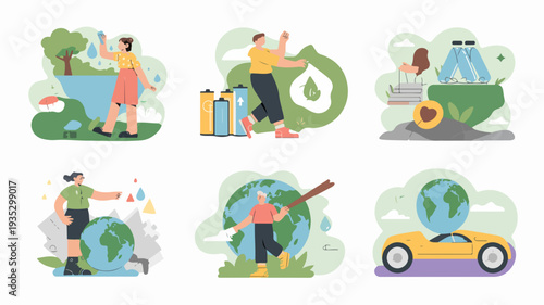 Eco friendly lifestyle illustration set promoting sustainability and environmental conservation