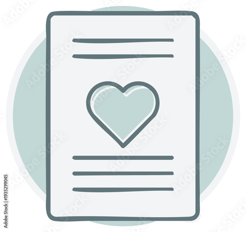 Heart Symbol Document Icon, Love Letter or Note, Wedding Invitation, Valentine's Day Card Illustration, Minimalist Style