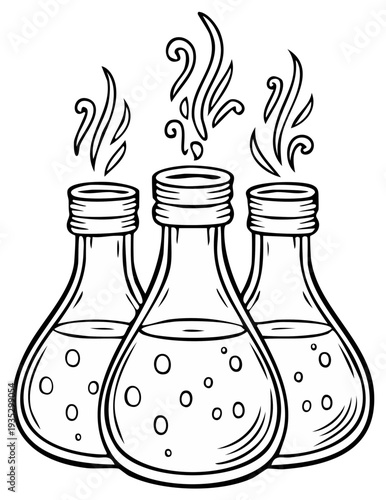 Cartoon illustration of three glass laboratory flasks with liquid and vapor rising
