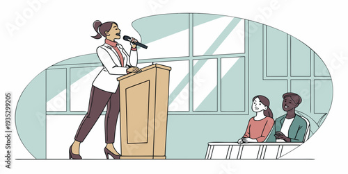 Confident professional female executive delivering an inspiring speech from a wooden podium during a corporate seminar or business meeting, representing leadership and female empowerment. See Less