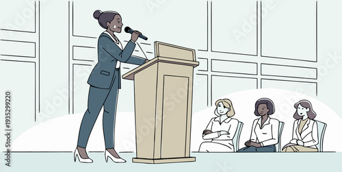 Confident professional female executive delivering an inspiring speech from a wooden podium during a corporate seminar or business meeting, representing leadership and female empowerment. See Less