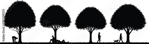 Set of four minimalist black tree silhouettes with people relaxing walking and sitting on grass isolated on white background vector illustration.