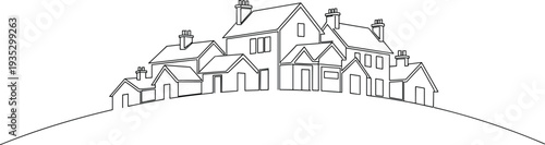 Continuous, one, line, drawing, of, suburban, houses, on, a, hill, neighborhood, community, real, estate, home, property, minimalist, vector, illustration, architecture.