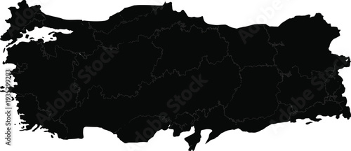 Turkey map silhouette with administrative borders, country geographic outline isolated black shape for cartography, travel, location and national design