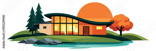 Modern illustration of a lakeside house depicting a contemporary home by water with trees and a sunset for residential living concepts